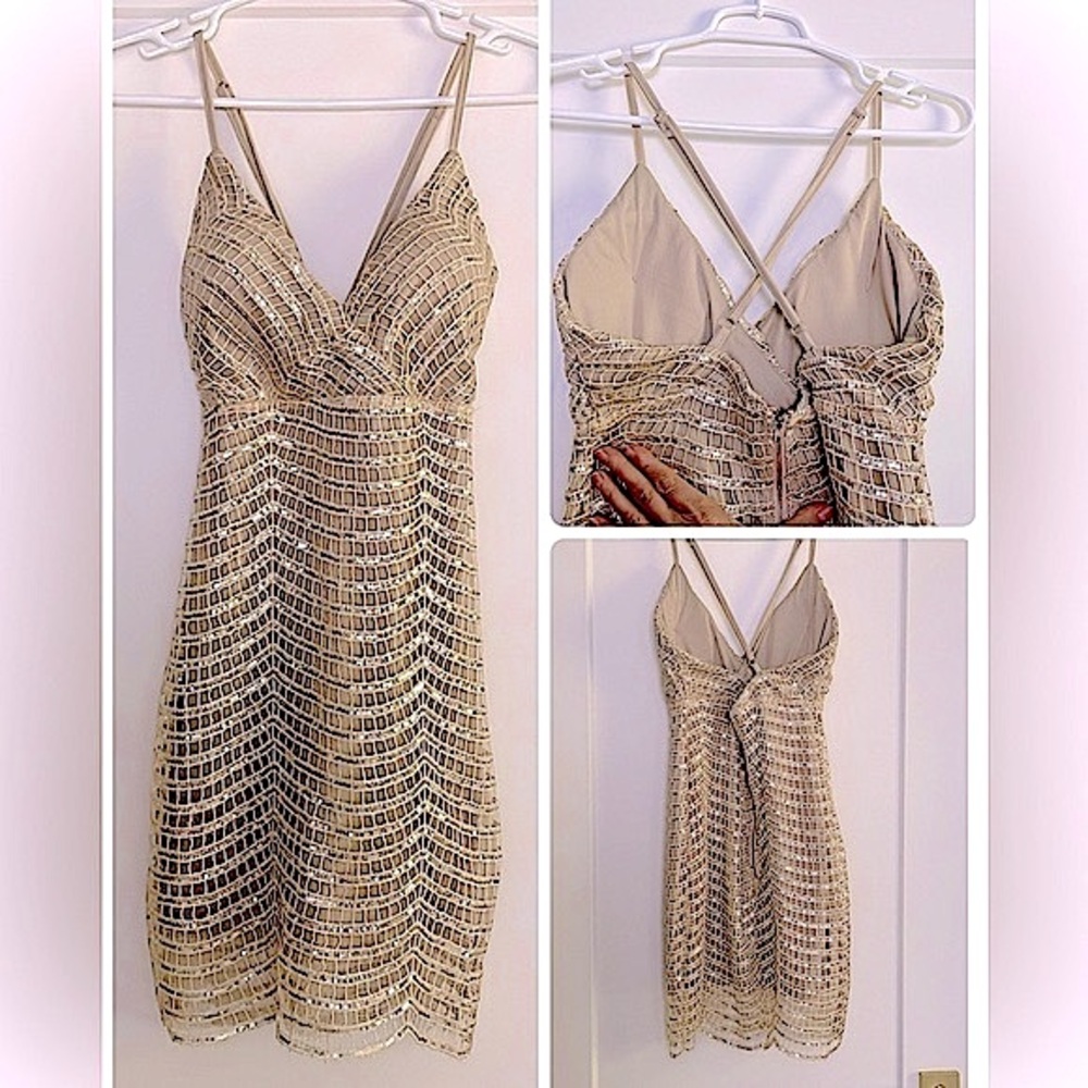 champagne gold sequin dress cross over back padded bust empire high waist NWT xs